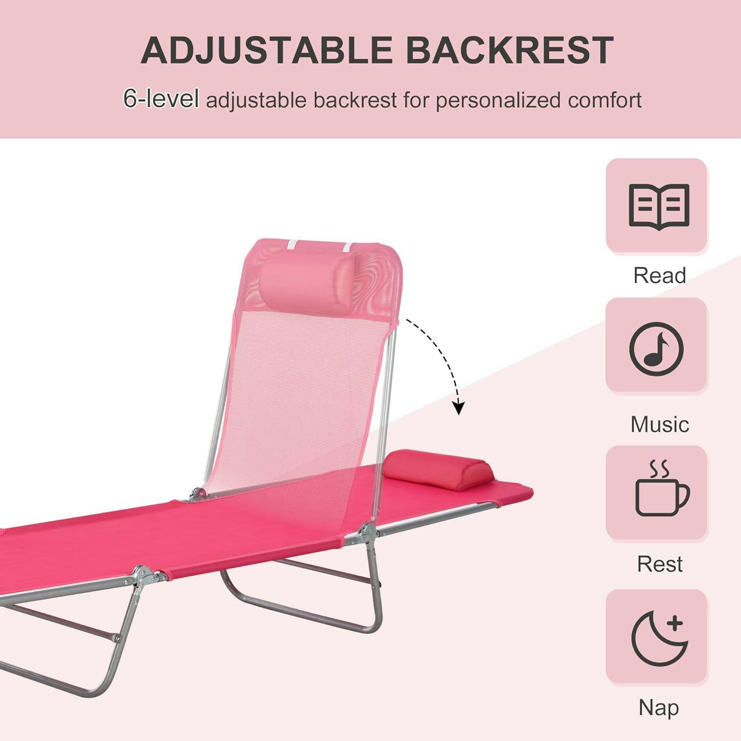 Outsunny Portable Mesh Chaise Lounge Chair, 5-Position Reclining, Pink & Silver