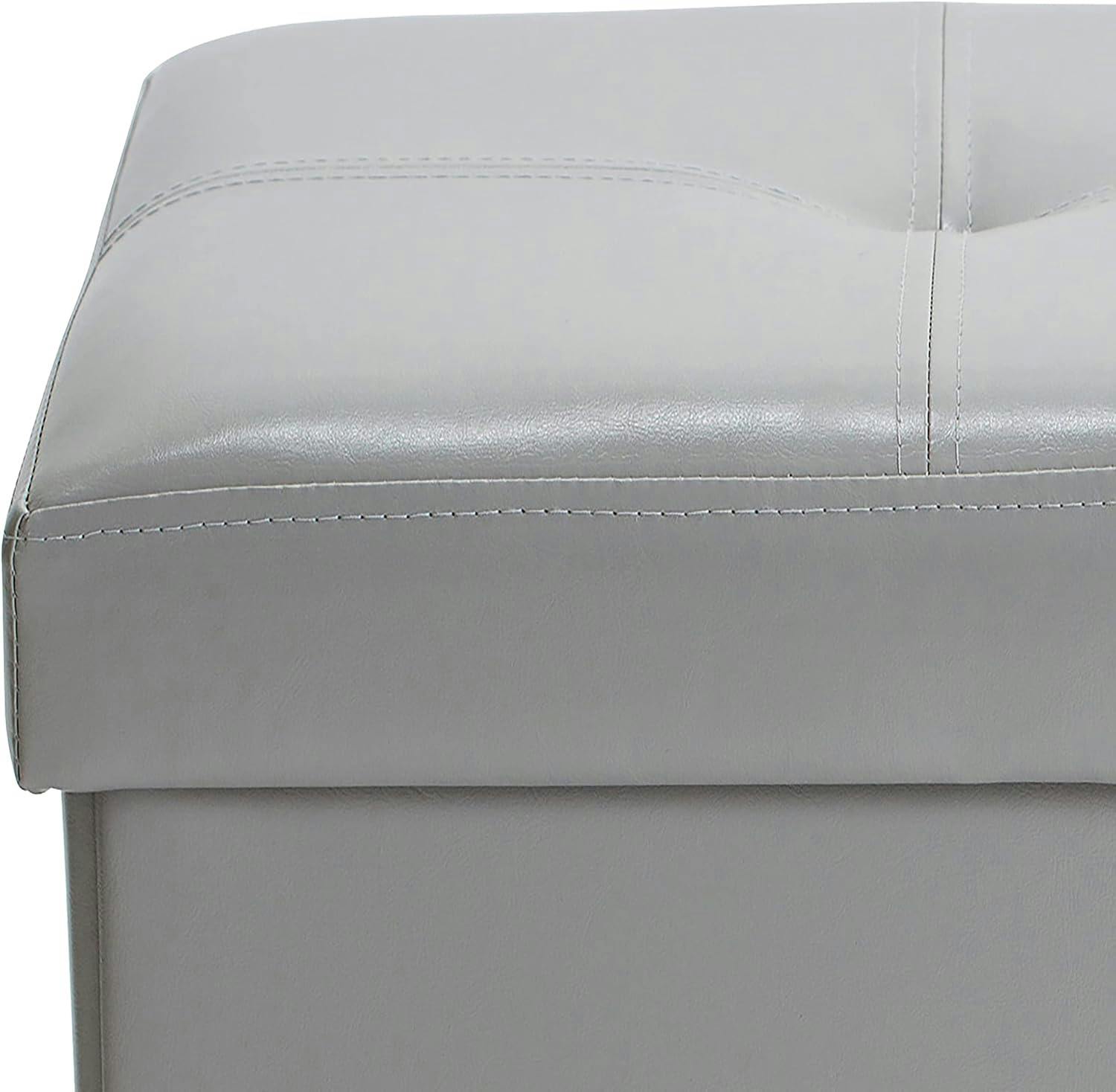 Classic Gray Faux Leather Folding Storage Ottoman Bench