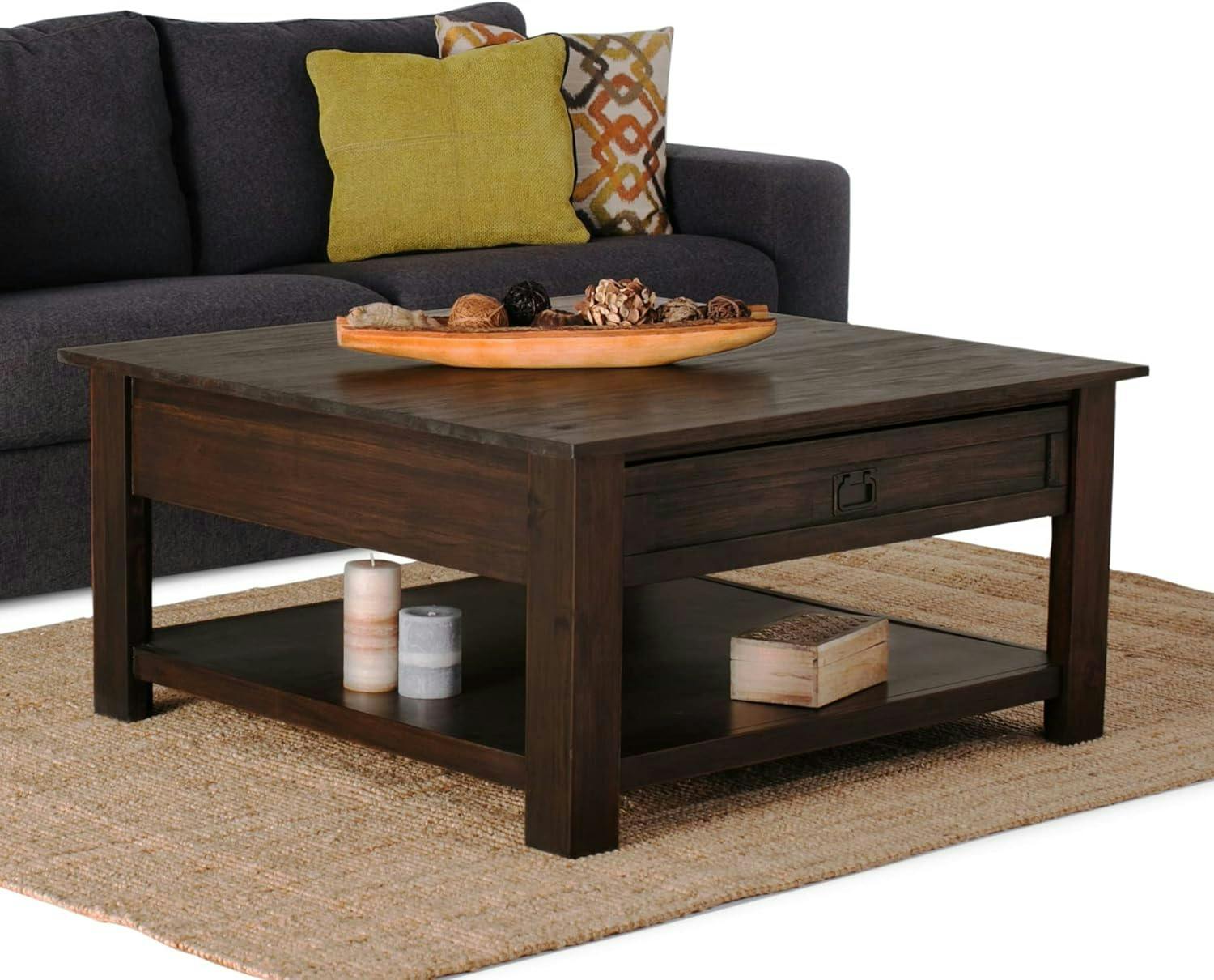 Rustic Acacia Wood Square Coffee Table with Storage in Charcoal Brown