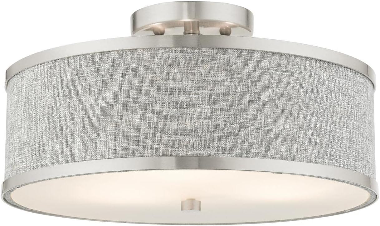 Brushed Nickel 3-Light Semi-Flush Drum Ceiling Fixture with Handcrafted Gray Fabric Shade