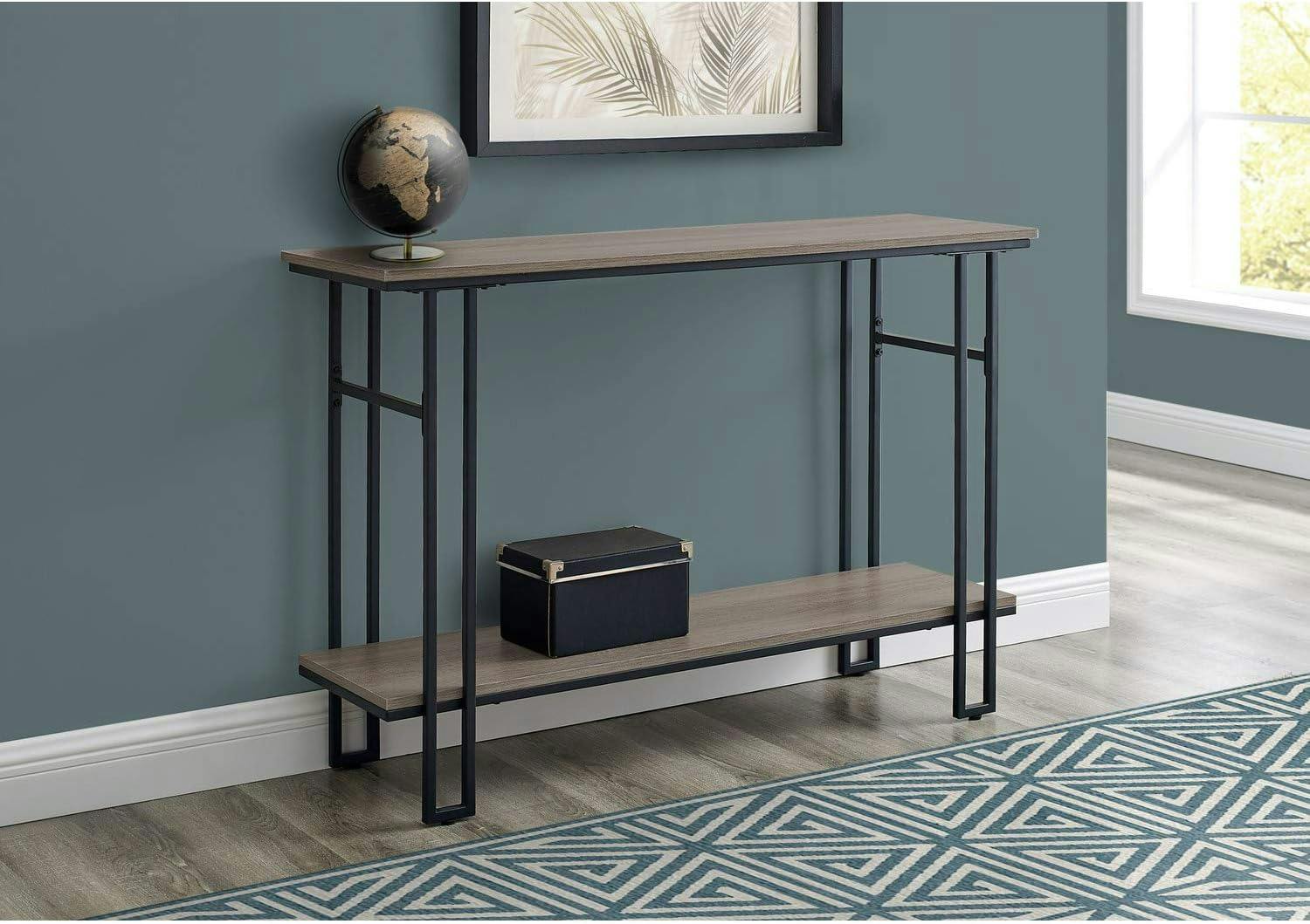 Contemporary Taupe Wood and Black Metal Console Table with Storage