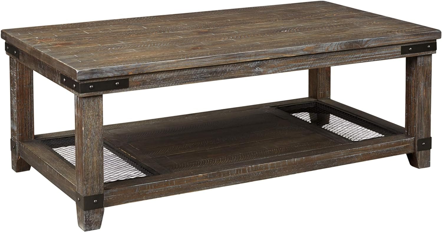Modern Industrial Pine Wood Coffee Table with Iron-Tone Brackets