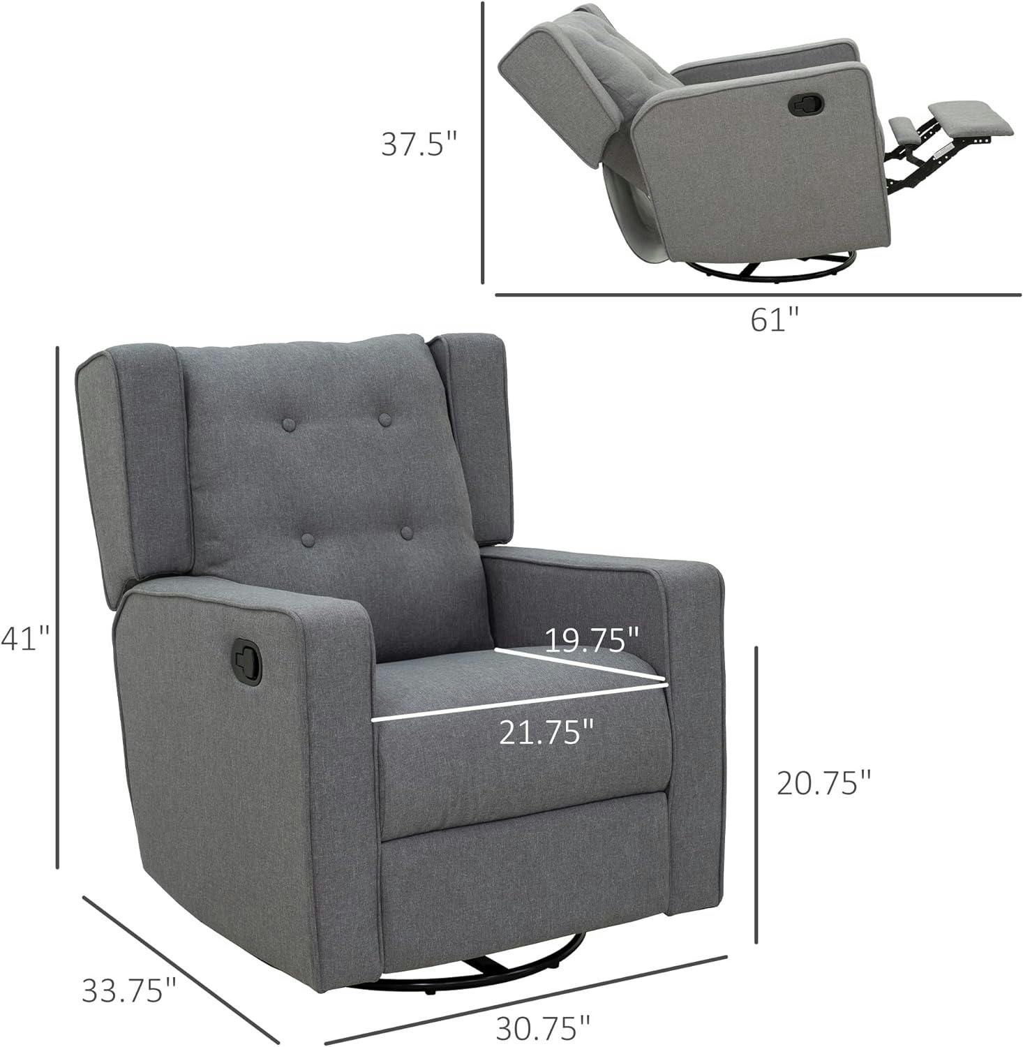 Modern Chic Gray Linen Swivel Recliner with Button Tufted Back