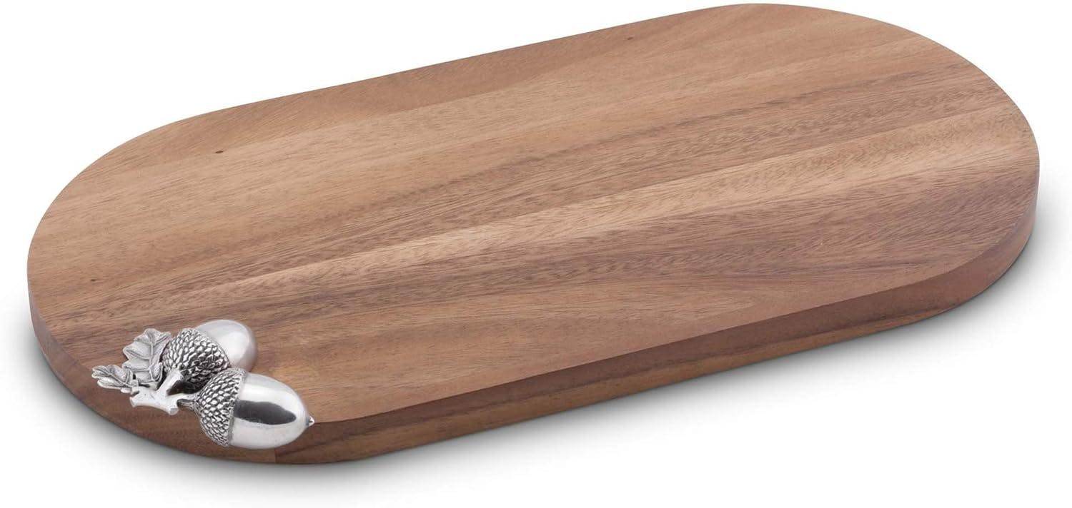 Elegant Acacia Wood Cheese & Cocktail Board with Pewter Acorn
