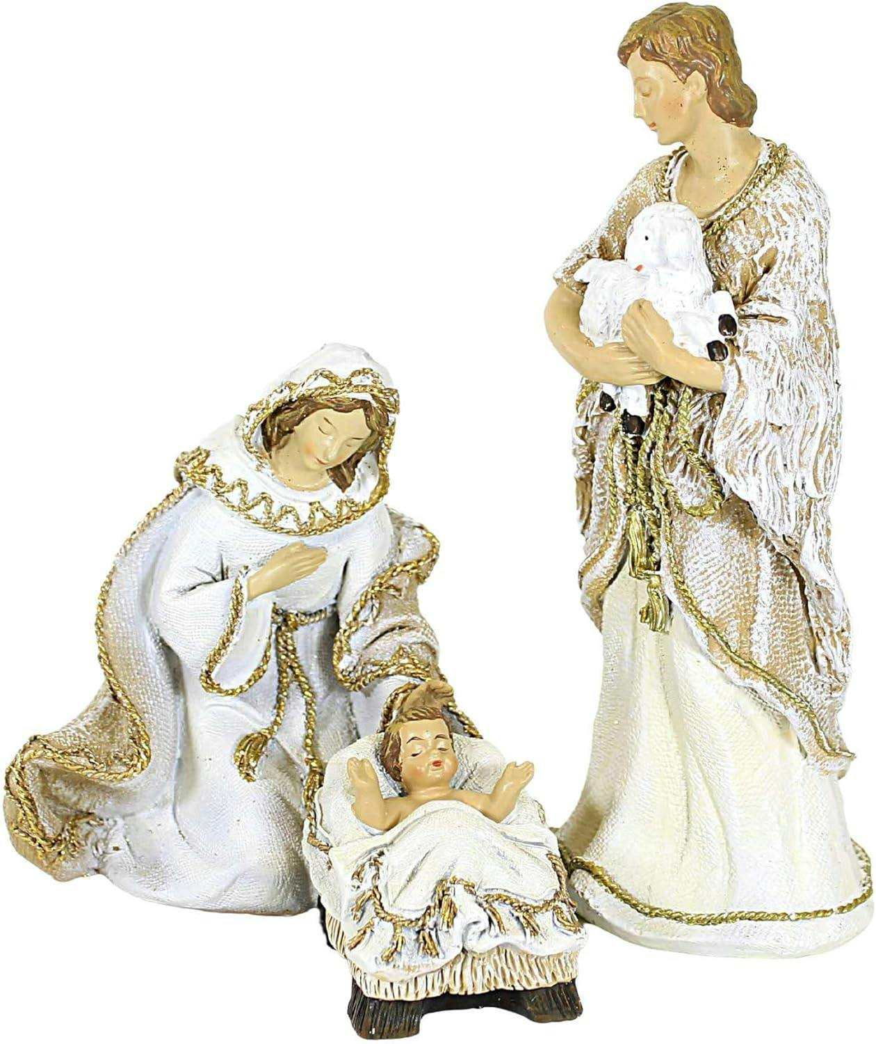 Elegant Woven Gold Trim Nativity Set - 8" Beige Polyresin Figures