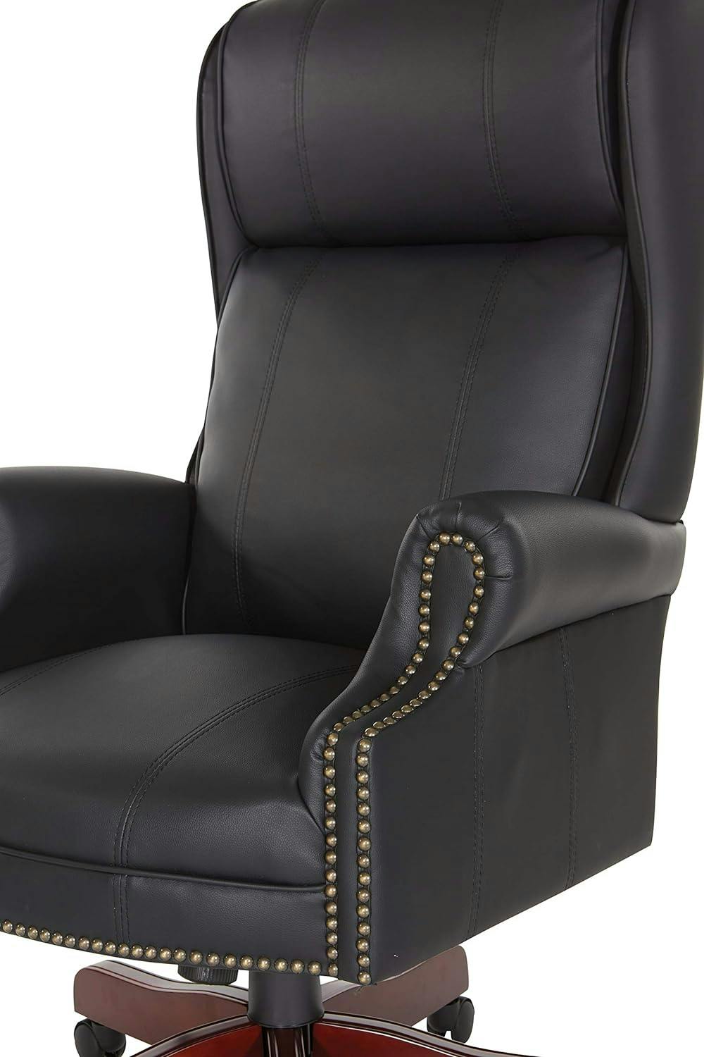 Traditional High Back Executive Chair in Black Leather with Brass Accents