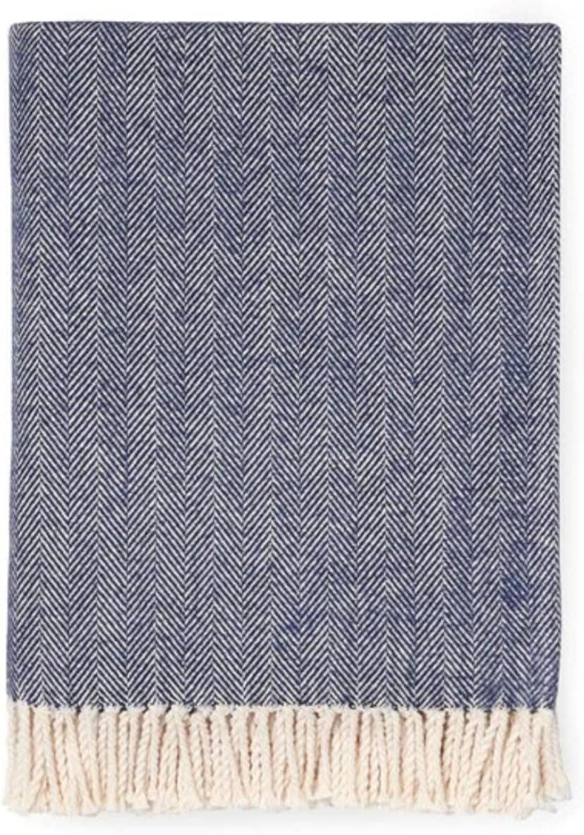 Sferra Celine Luxurious Navy Cotton Throw with Twisted Fringe