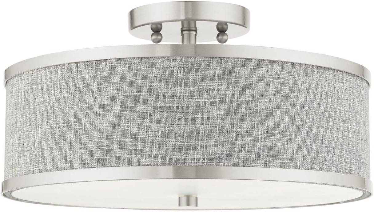 Brushed Nickel 3-Light Semi-Flush Drum Ceiling Fixture with Handcrafted Gray Fabric Shade