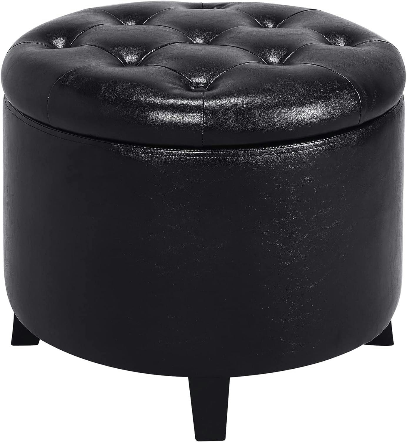 Elegant Traditional Black Faux Leather Round Storage Ottoman with Tufted Lid