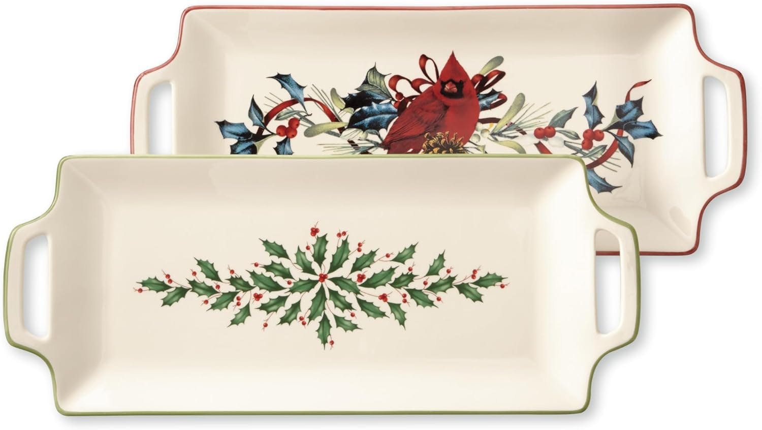 Festive Ivory Porcelain Holiday Hors D'Oeuvre Tray with Holly Motif
