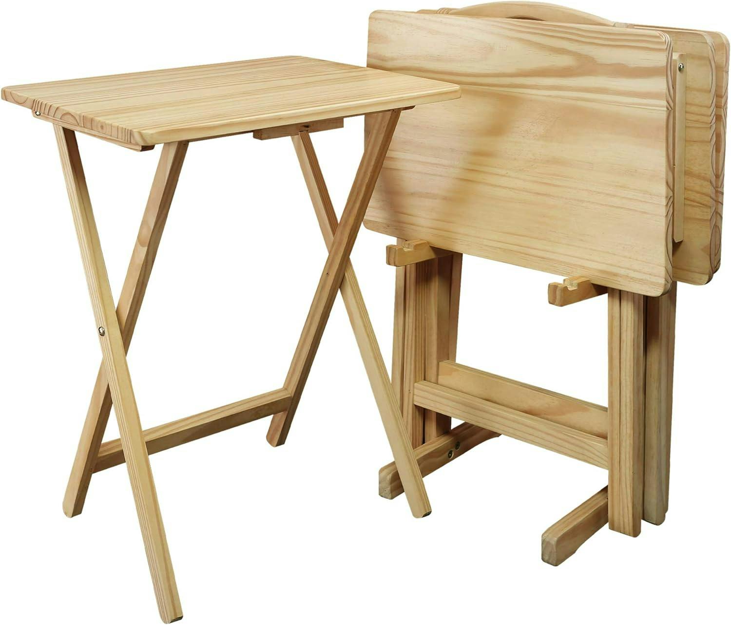 Pine Wood 5-Piece Natural Finish TV Tray Table Set
