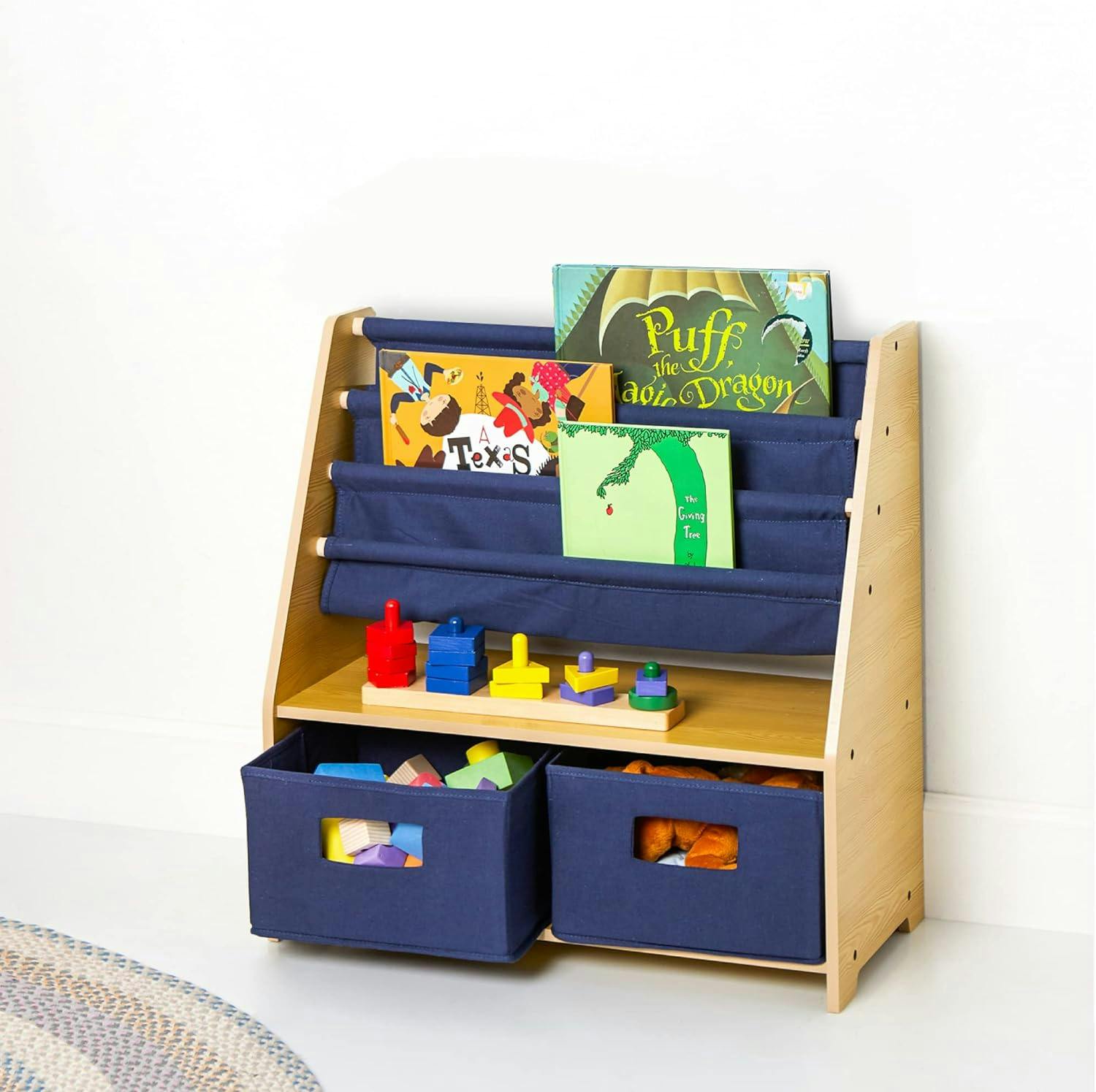 Wildkin Kids Natural & Blue Canvas Sling Bookshelf with Storage