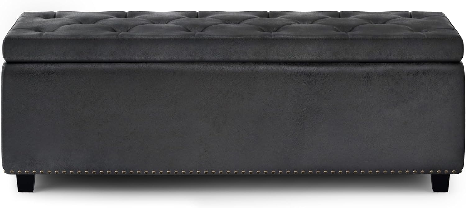Hamilton Distressed Black Tufted Faux Leather Large Storage Ottoman