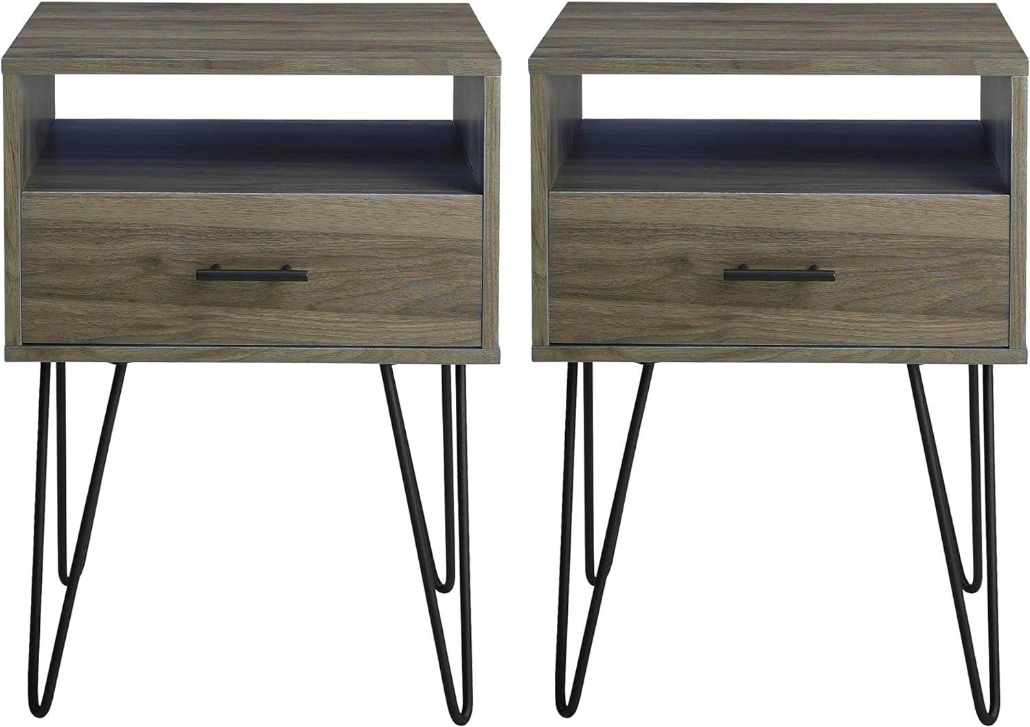 Slate Grey Alloy Steel & MDF Mid-Century Modern Side Table Set with Storage