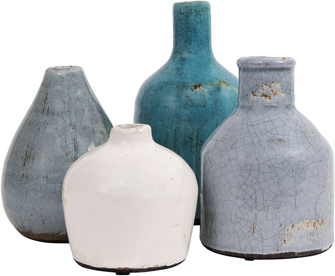 Artisan Blue Crackle Glaze Terracotta Vase Set of 4
