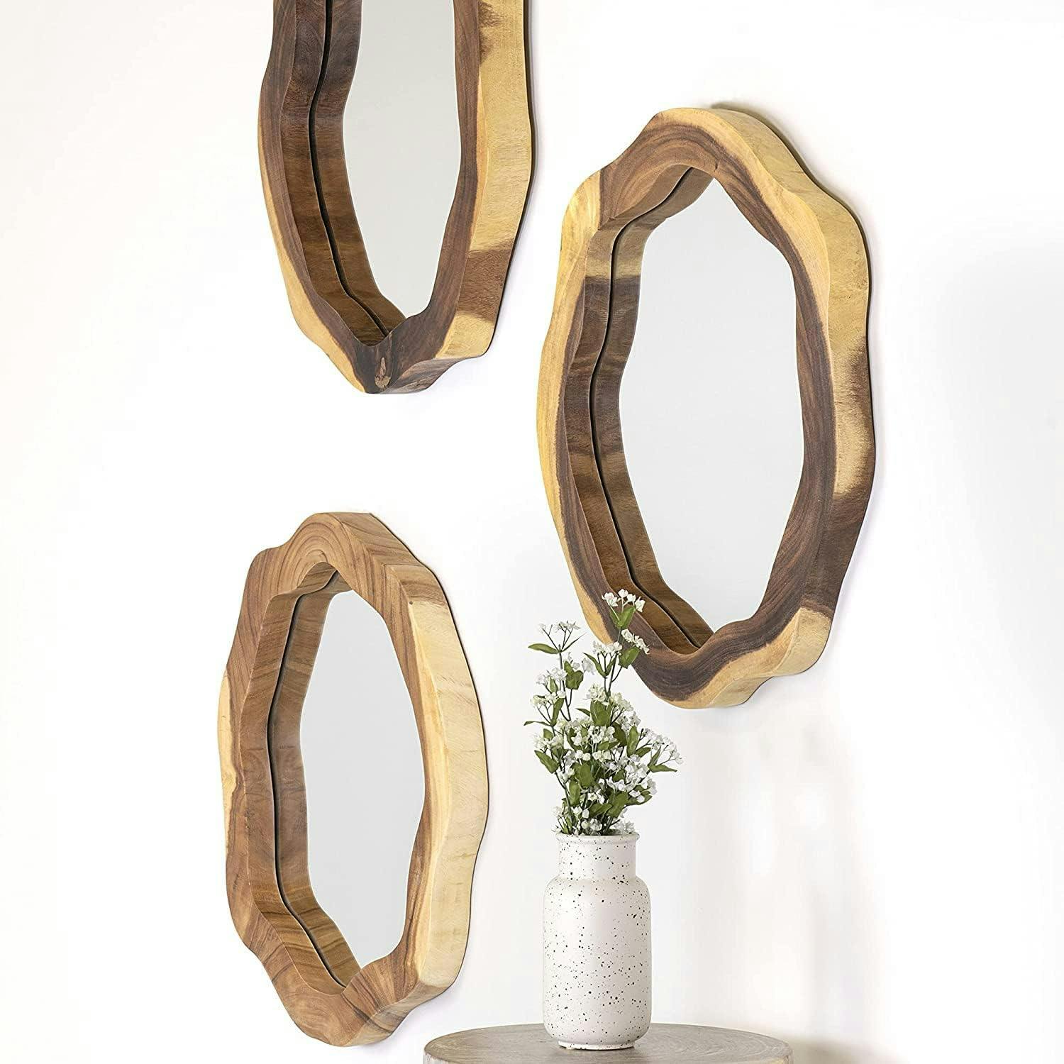 24" Round Natural Brown Solid Wood Asymmetrical Wall Mirror