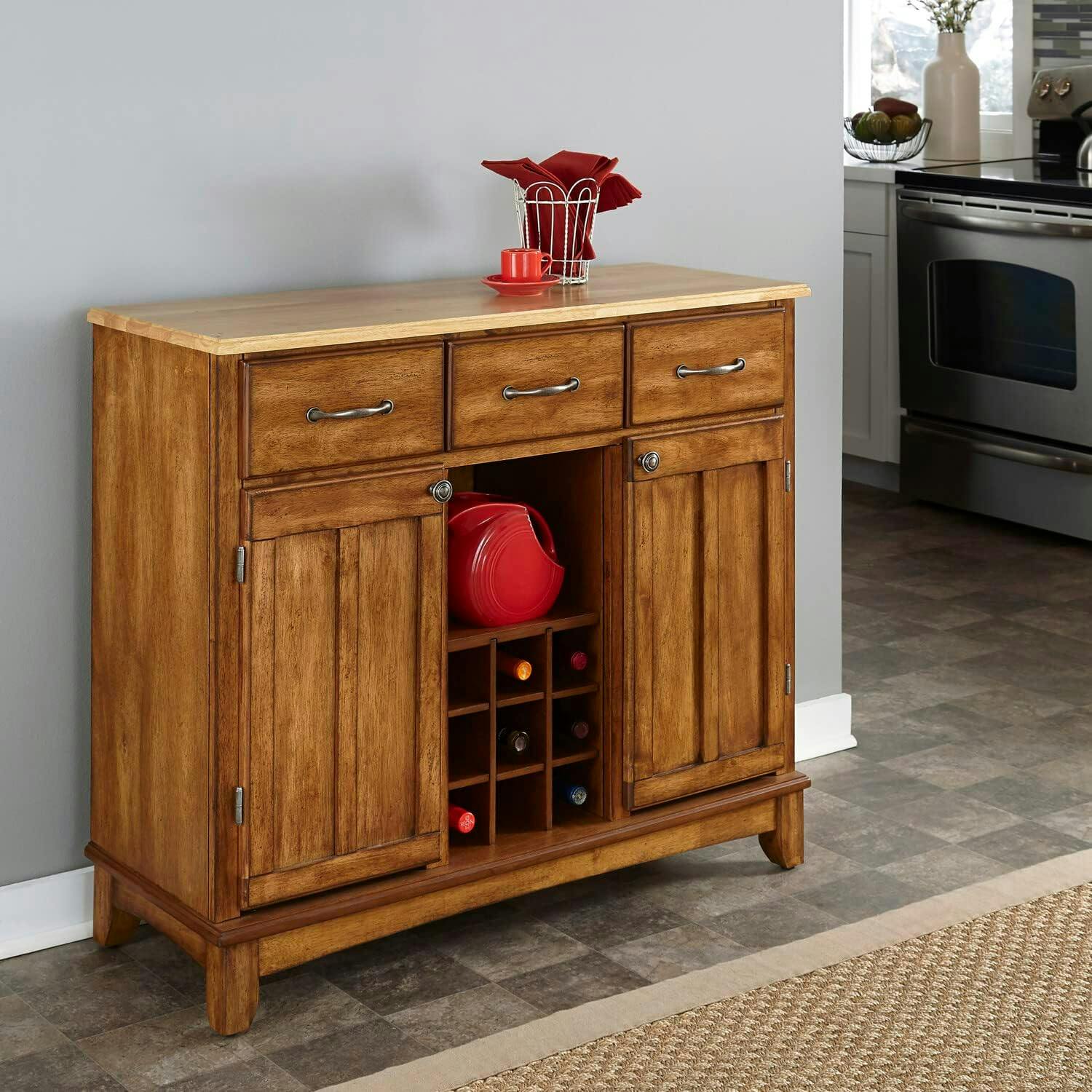 Cottage Oak Finish Sideboard with Natural Wood Top and Wine Storage