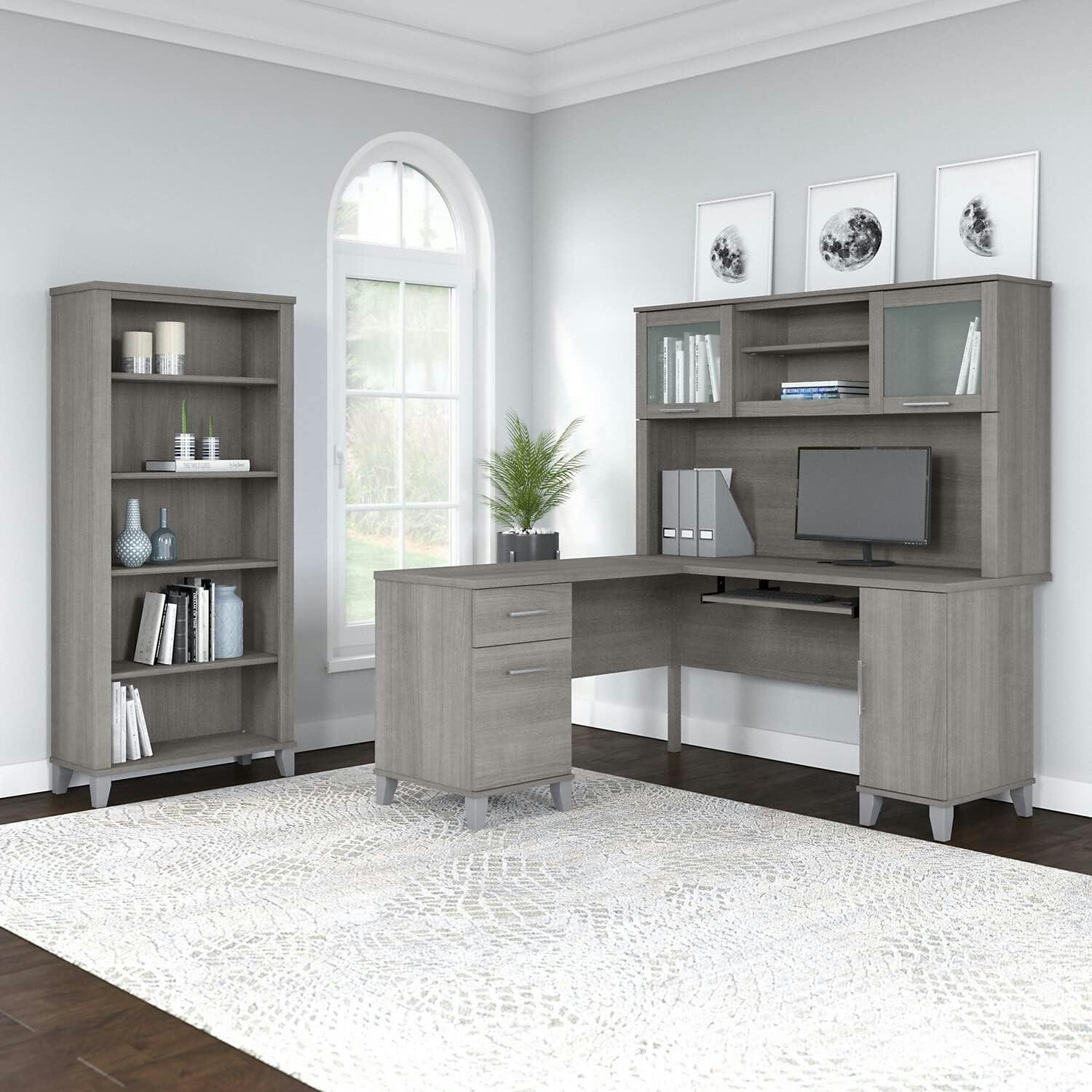 Transitional Ash Gray L-Shaped Desk with Hutch and Keyboard Tray