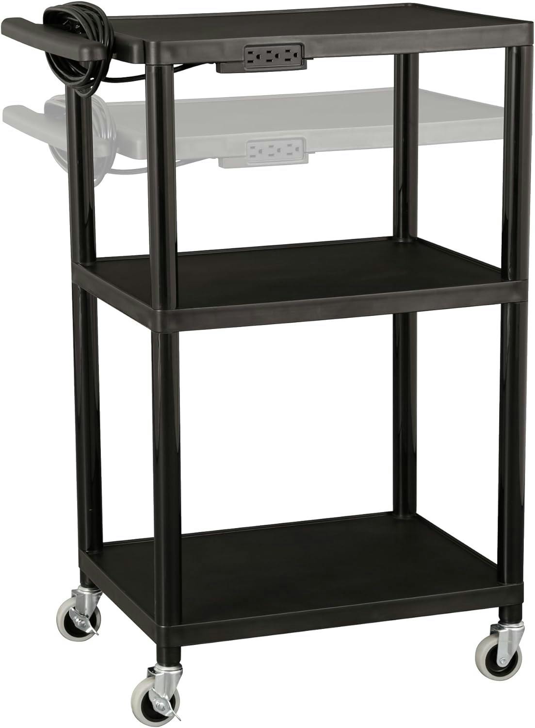 Versatile Mobile Utility Cart with Adjustable Shelves and Power Strip, Black