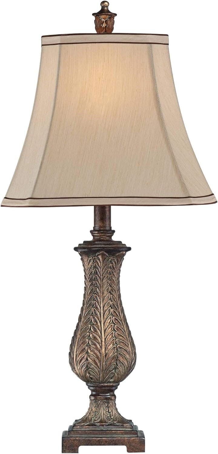 Antique Petite Old Oak Vase Table Lamp with Beige Rectangular Shade