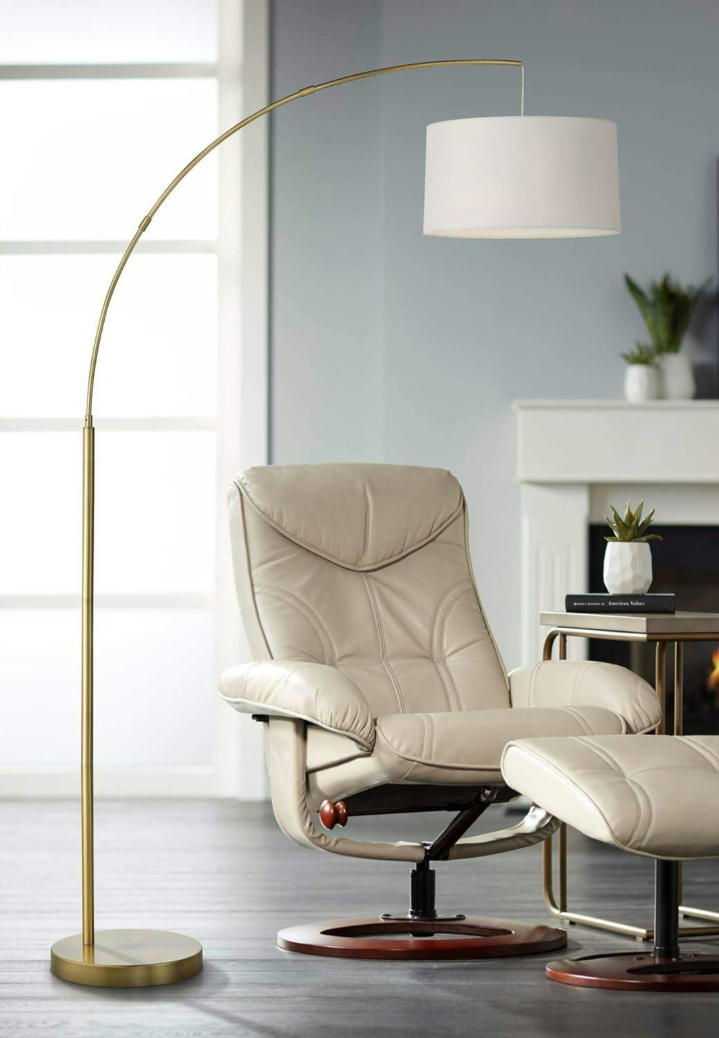 Elegant 72" Brass Arc Floor Lamp with White Linen Shade