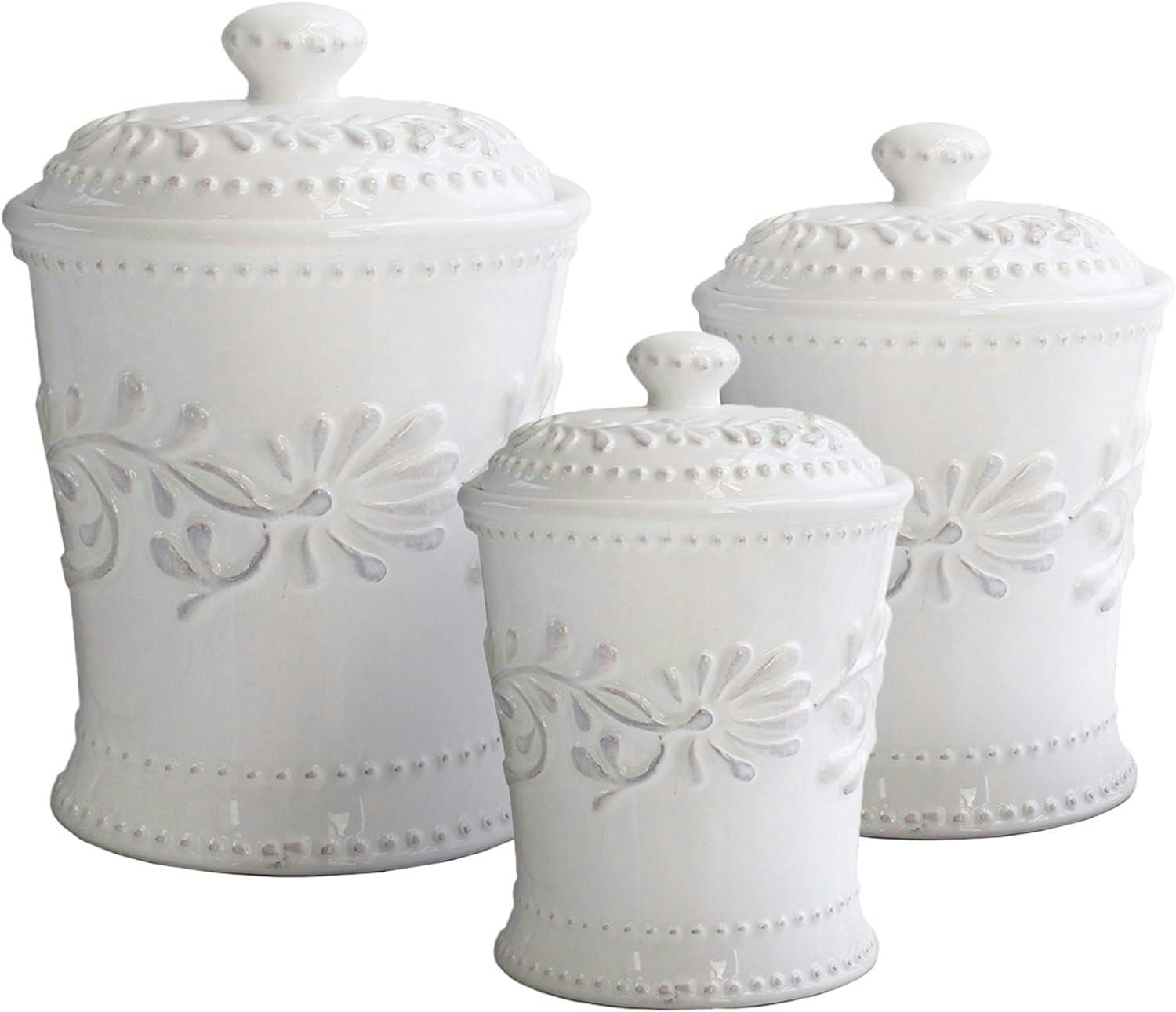 Bianca Leaf 3-Piece White Ceramic Canister Set for Modern Kitchens