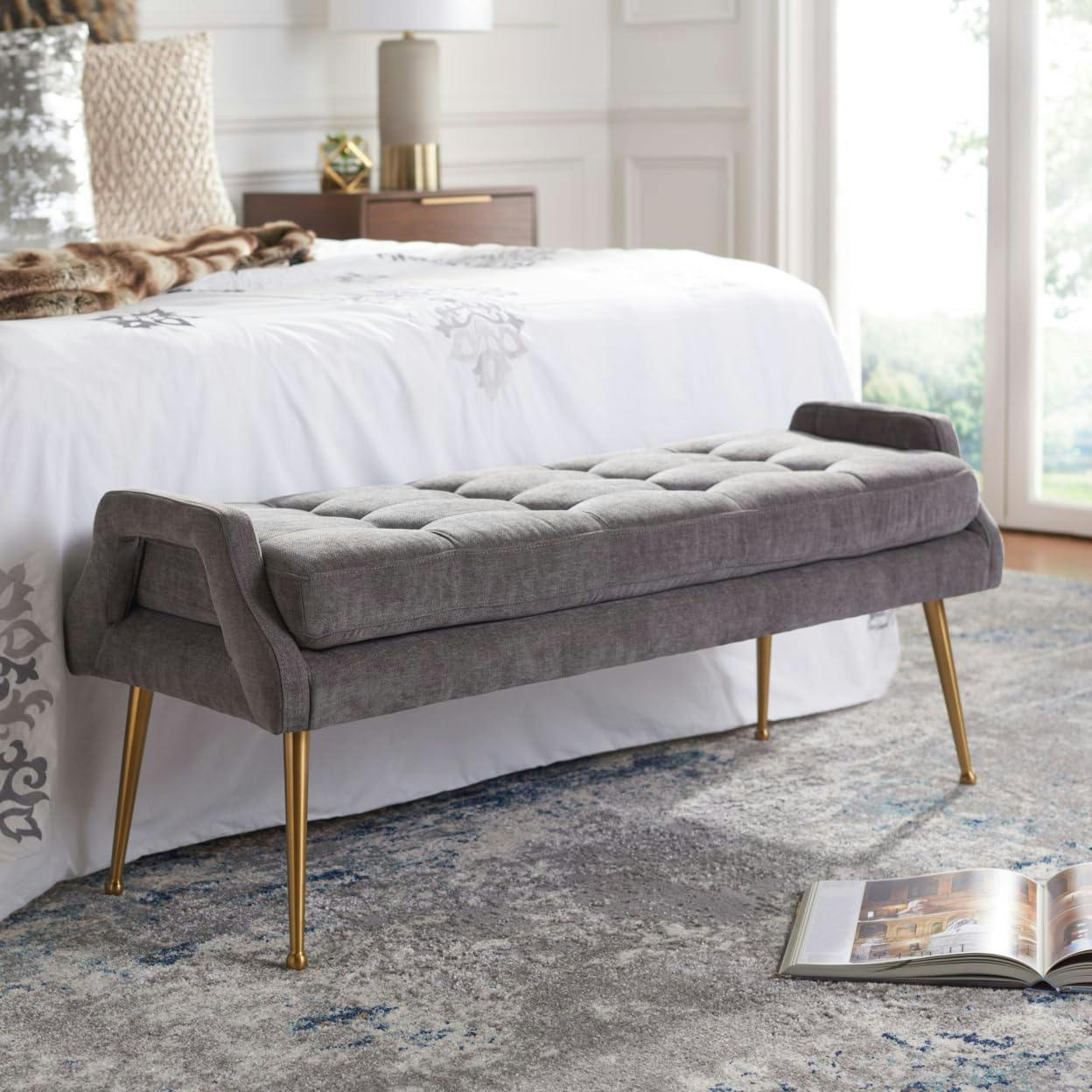 Everdeen Charcoal Tufted Bench with Brushed Gold Legs and Storage