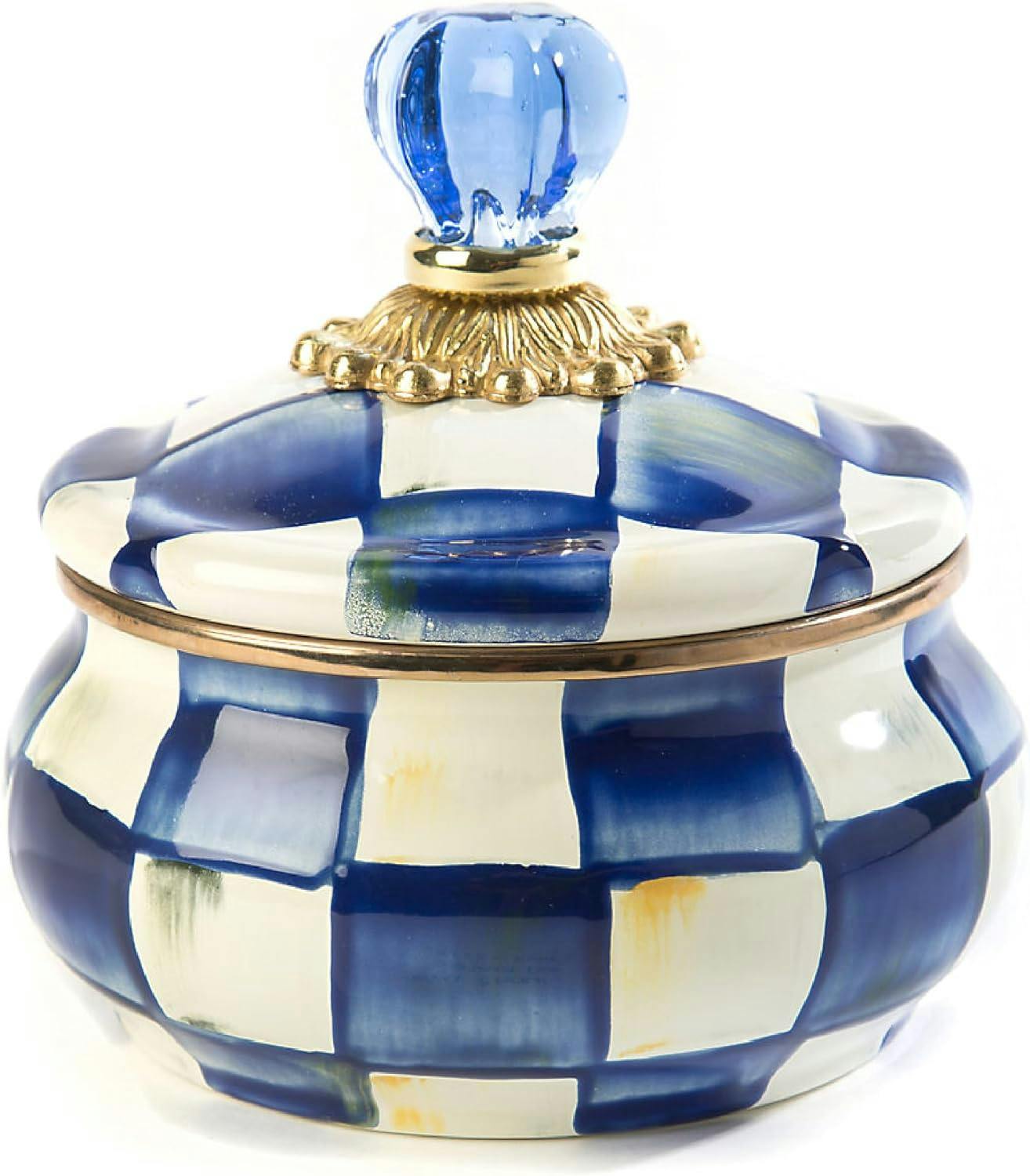 Royal Blue Check Enamel Squashed Pot with Glass Knob, 20 oz