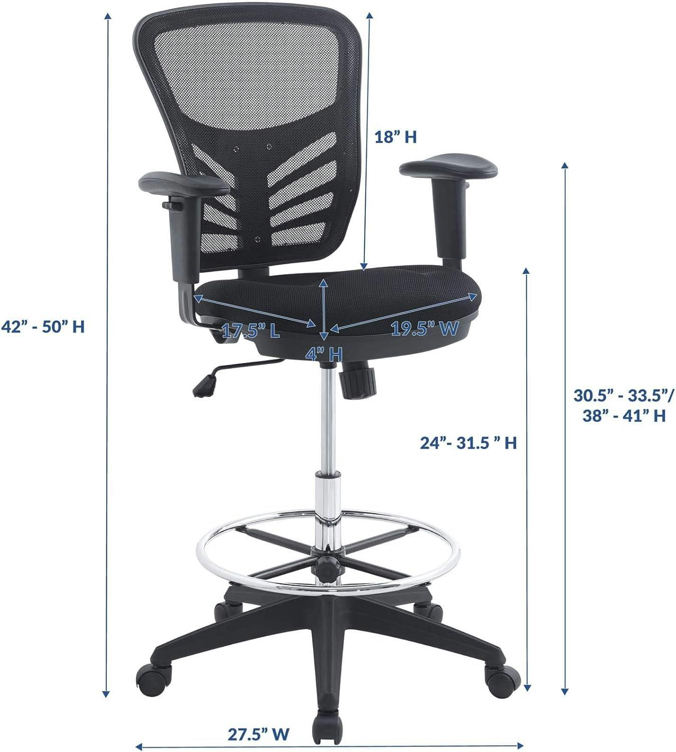 ErgoFlex Black Mesh Drafting Chair with Adjustable Arms & Chrome Footring