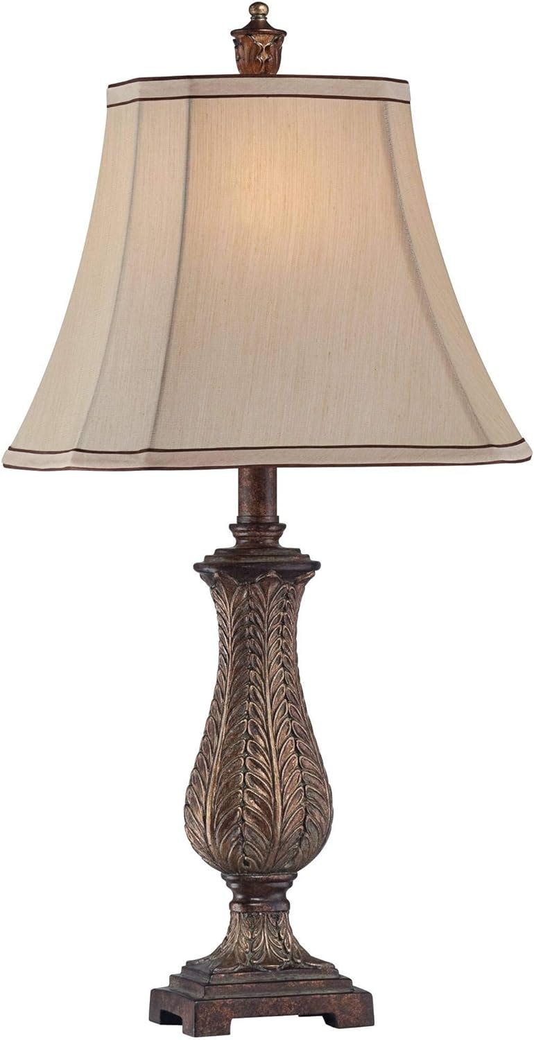 Antique Petite Old Oak Vase Table Lamp with Beige Rectangular Shade