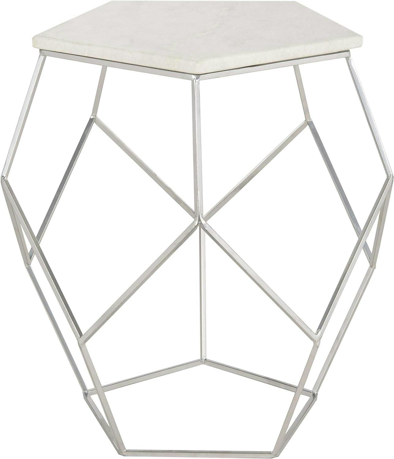 Transitional Hexagonal 18" Silver Stone & Metal Side Table