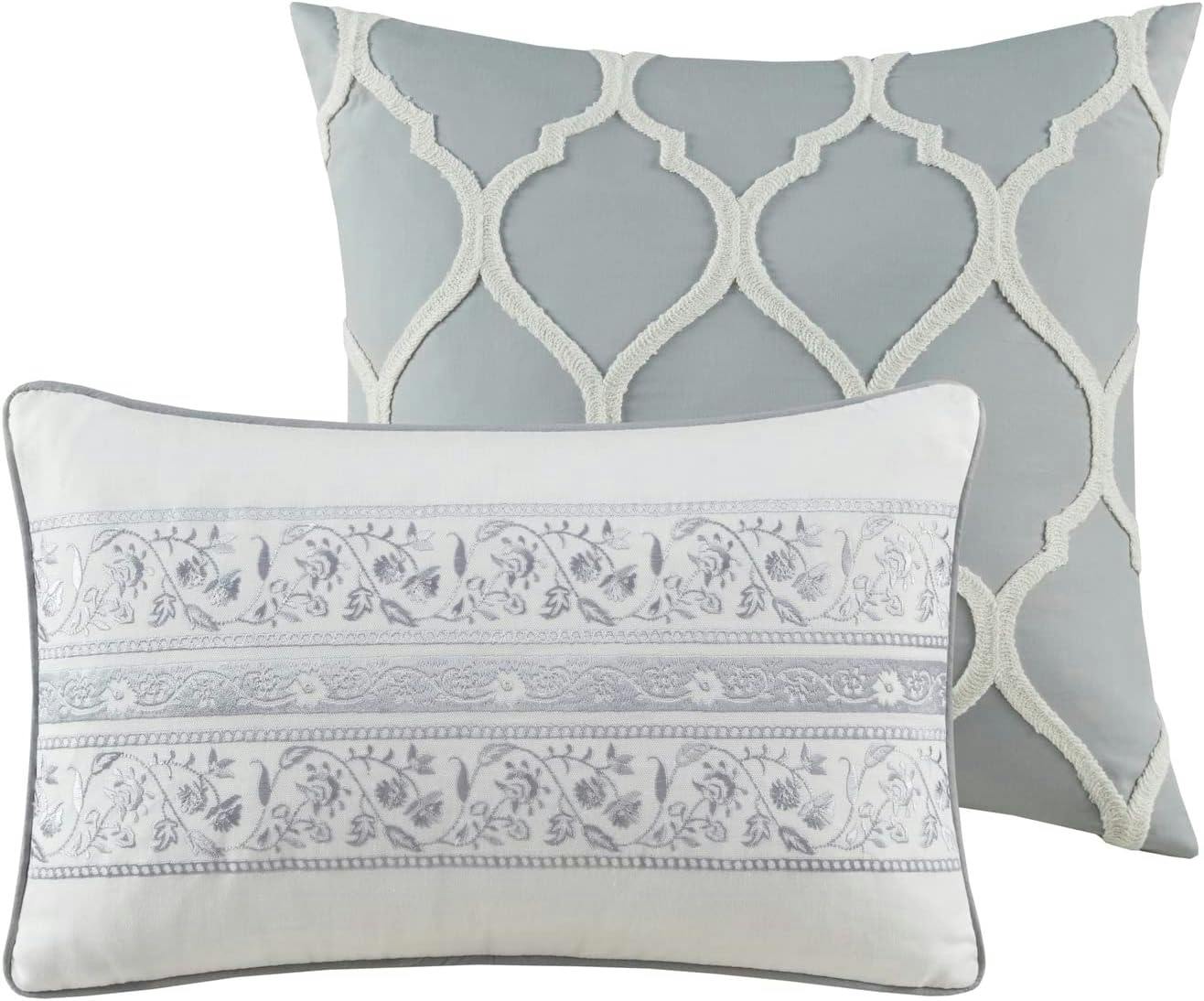 Hallie Damask Grey & Blue Queen Cotton Comforter 6-Piece Set