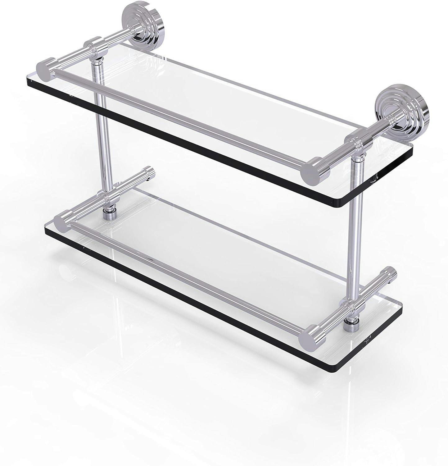 Elegant 16" Polished Chrome Double Gallery Rail Glass Shelf