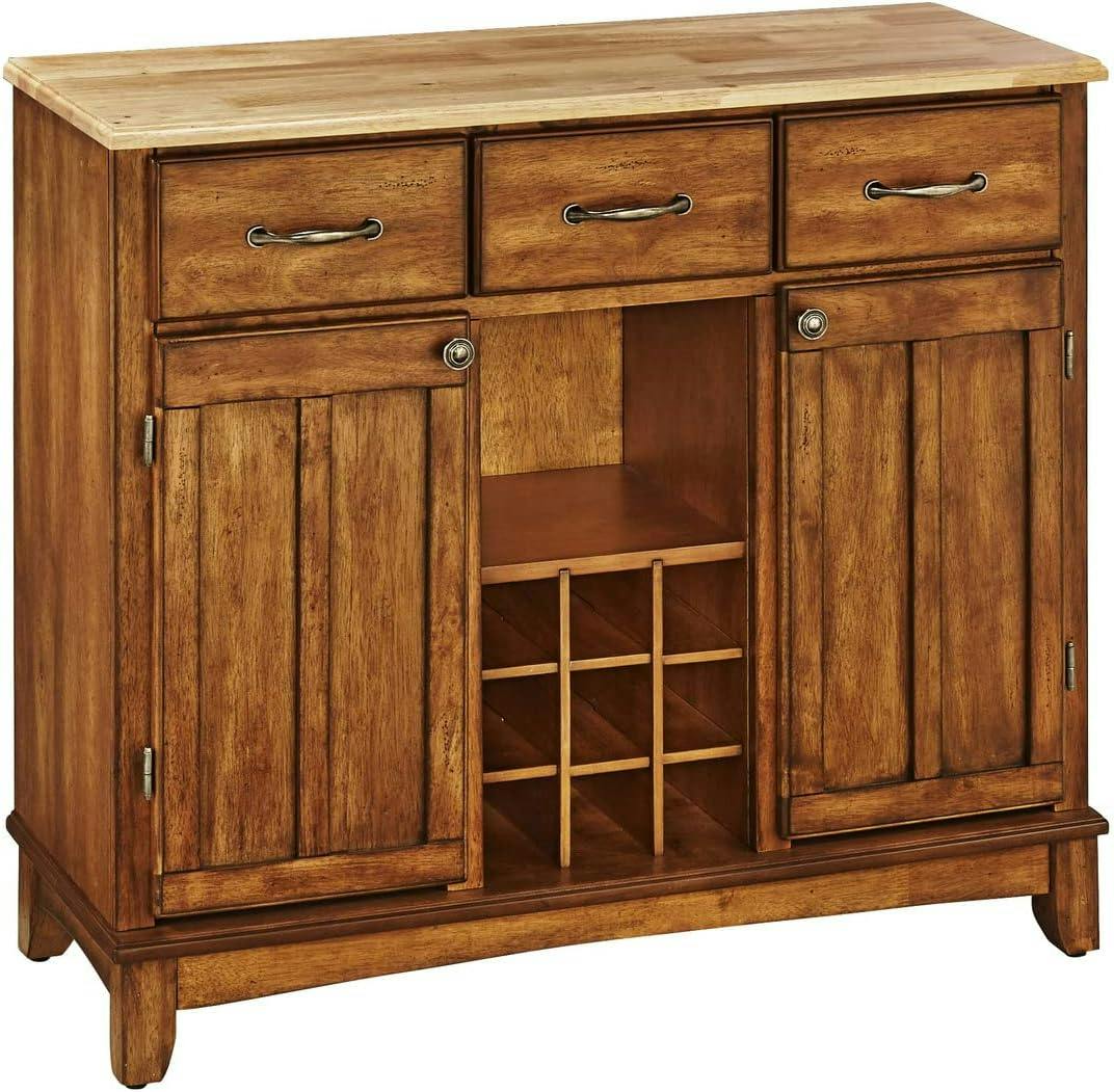 Cottage Oak Finish Sideboard with Natural Wood Top and Wine Storage
