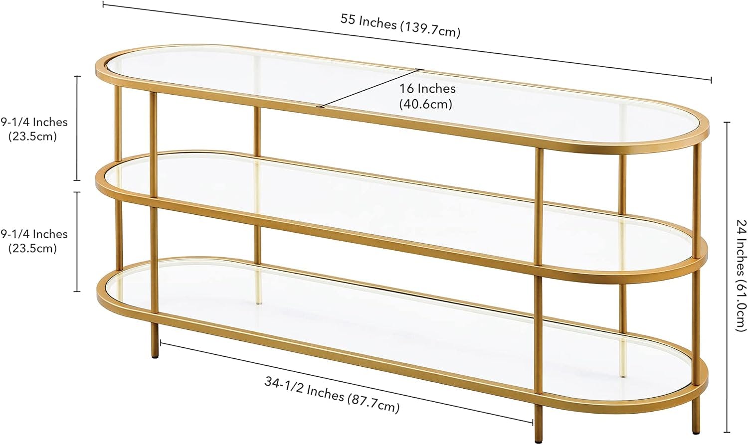 Modern Brass Oval TV Stand with Tempered Glass Shelves