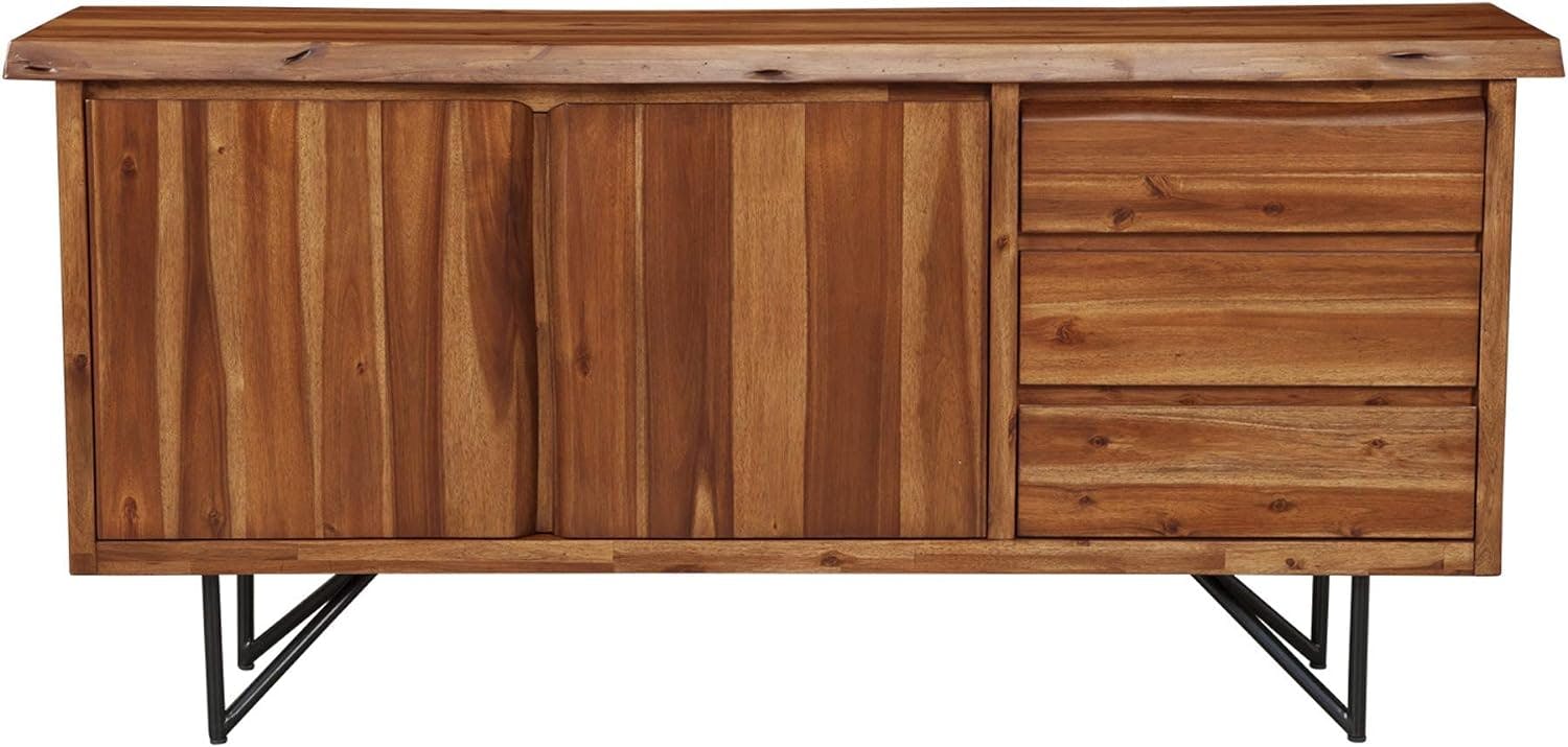 Transitional Industrial Live Edge Acacia Wood Dining Server in Light Walnut