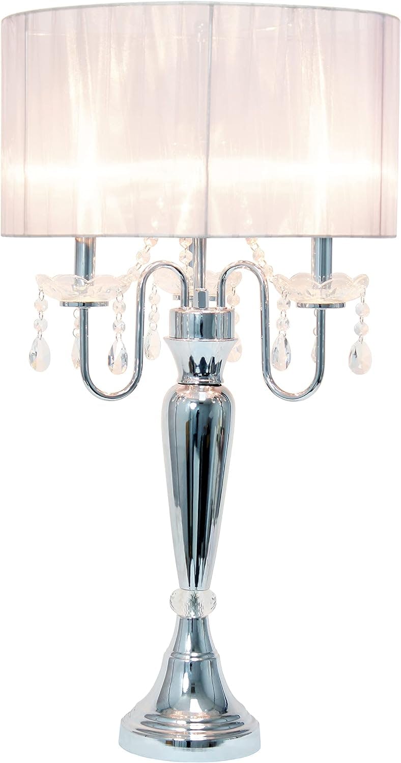 Chic Elegance 31'' White Table Lamp with Sheer Shade and Hanging Crystals