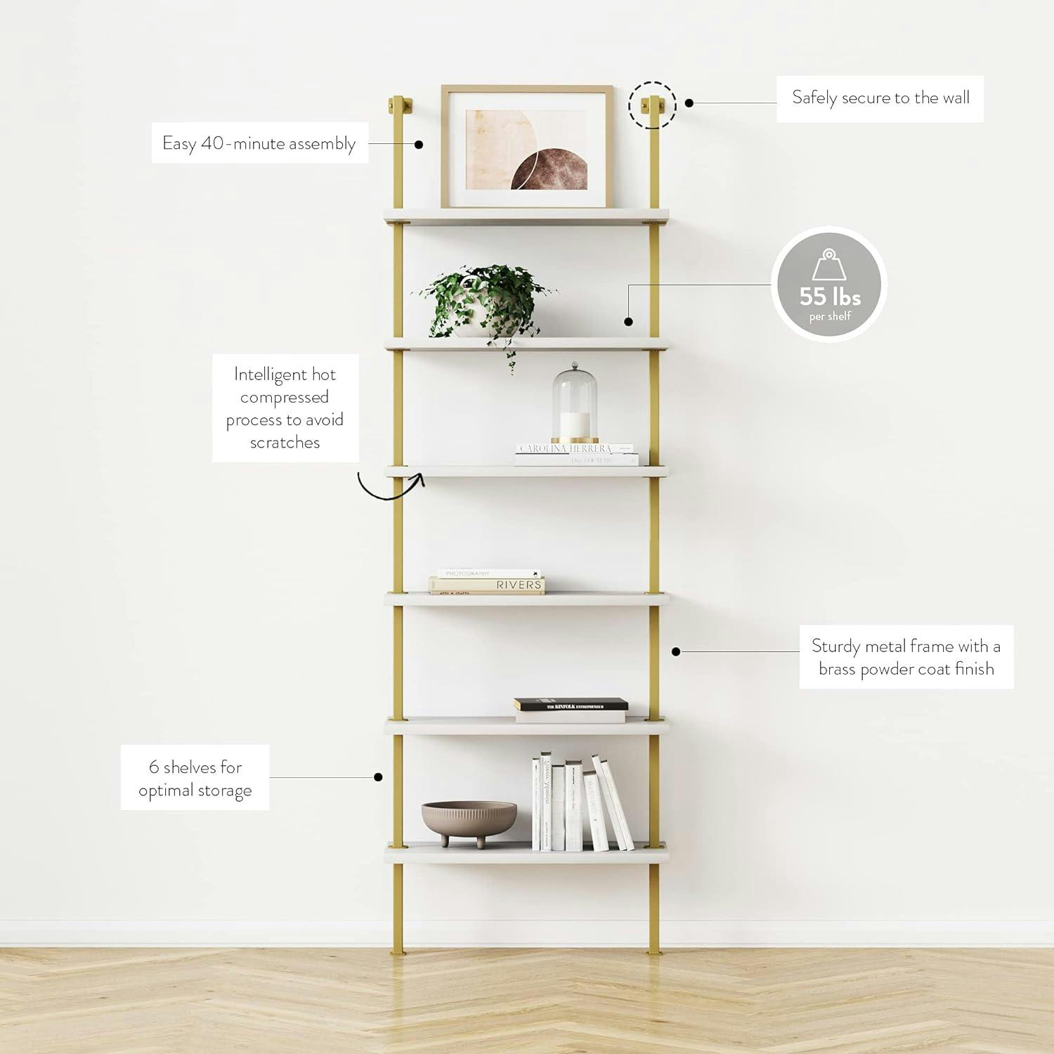 Eloise White and Gold 6-Tier Wood Ladder Bookshelf