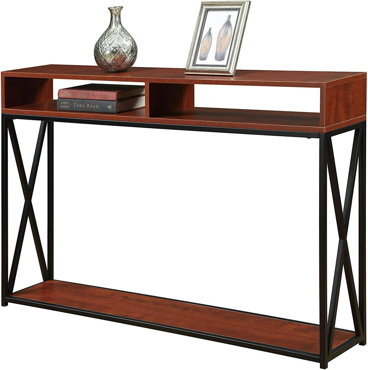 Cherry and Black Deluxe Metal and Wood Console Table with Storage
