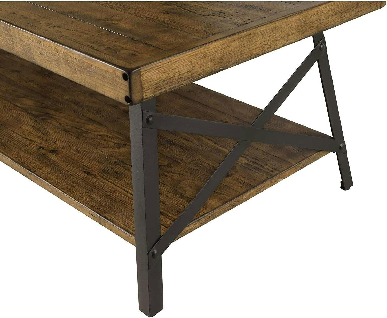 Chandler Pine Brown Solid Wood & Steel Coffee Table with Shelf