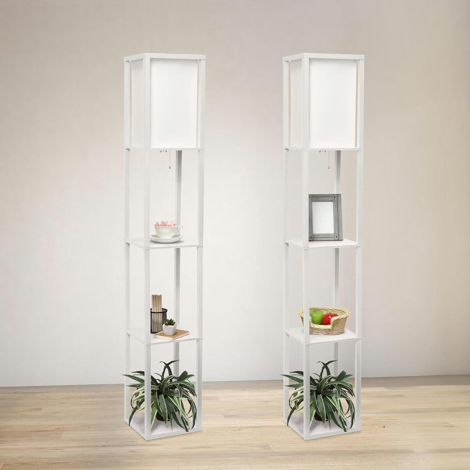 Elegante 62.5" White Linen Shade Floor Lamp with Storage Shelves