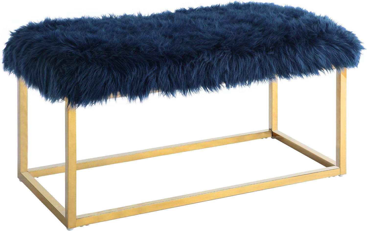 Marilyn Navy Faux Fur and Brass-Finish Modern Bench Ottoman