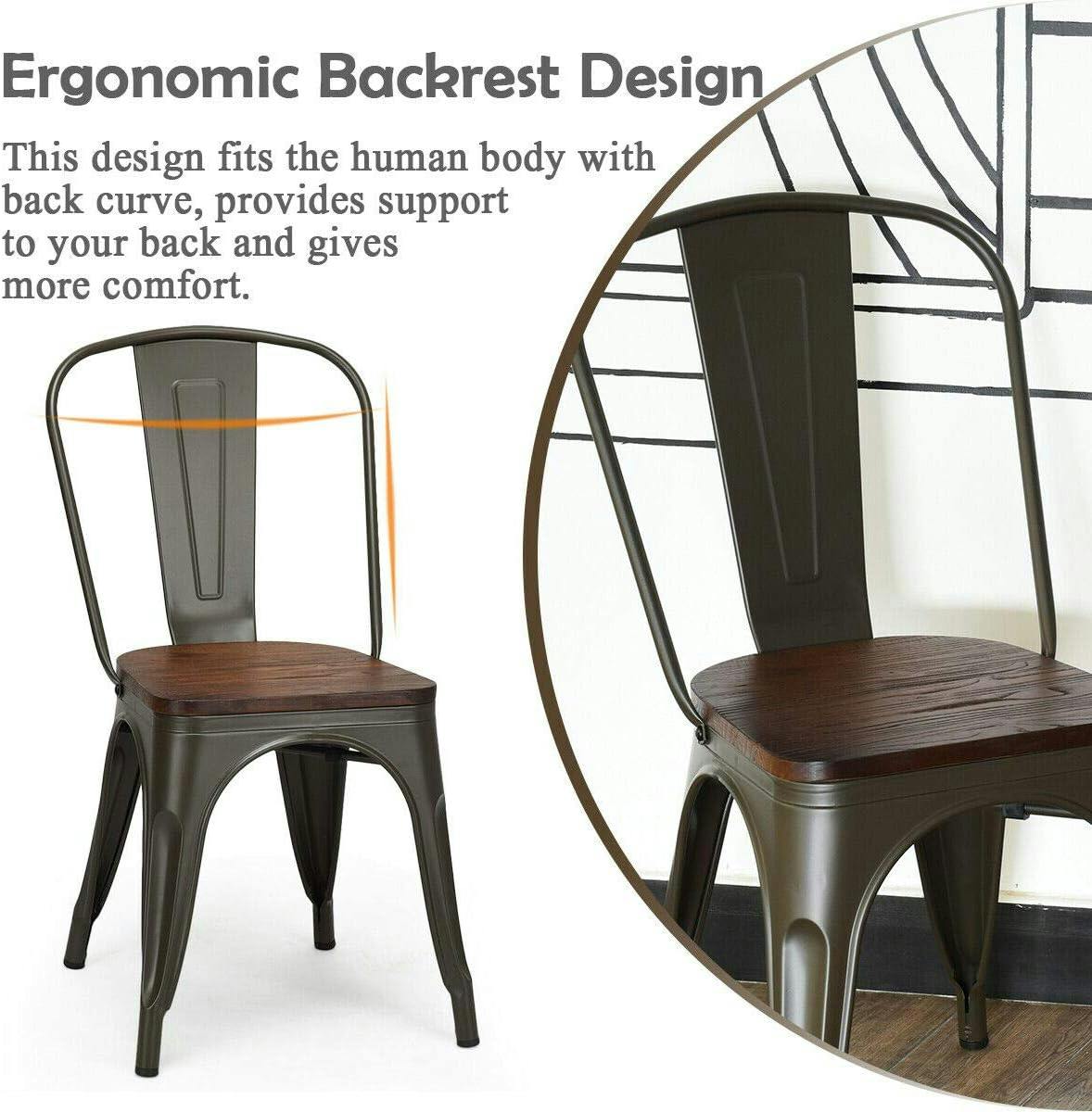 Vintage Elmwood Seat Metal High-Back Side Chair, Set of 4