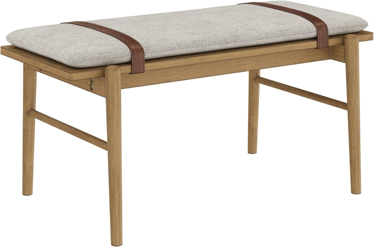 Gugan Mid-Century Light Brown Bench with Removable Ivory Cushion