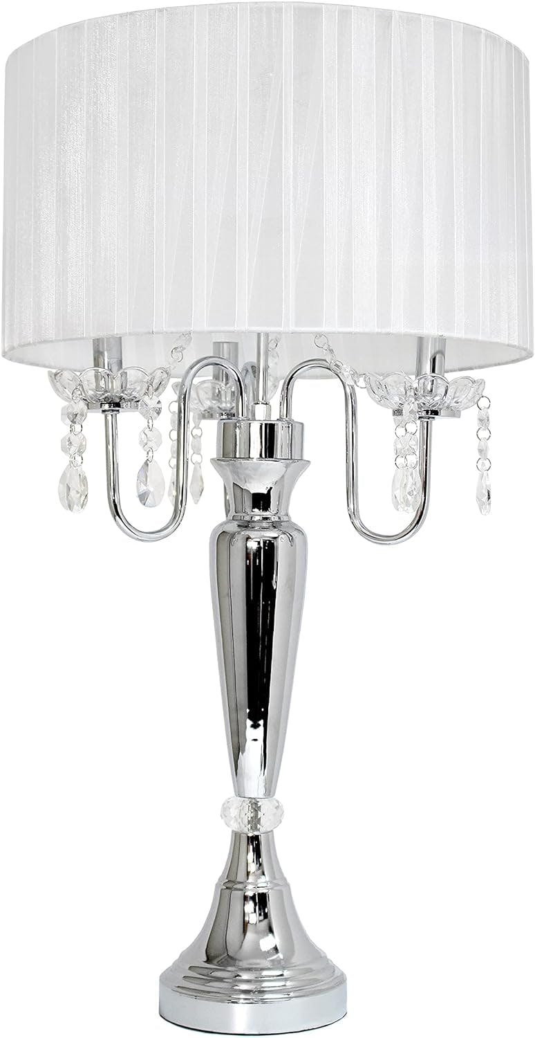 Chic Elegance 31'' White Table Lamp with Sheer Shade and Hanging Crystals