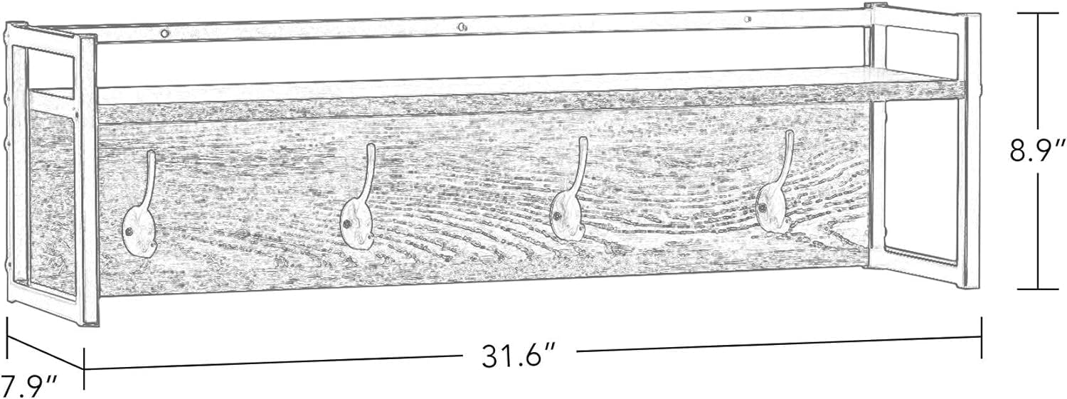 Afton Weathered Woodgrain Wall Shelf with 4 Double Metal Hooks