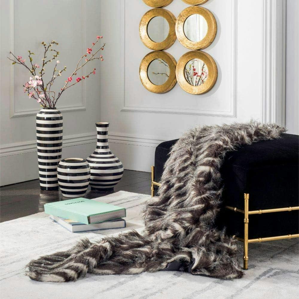 Contemporary Luxe Faux Pheasant Fur Throw, 50" x 60", Gray/Black