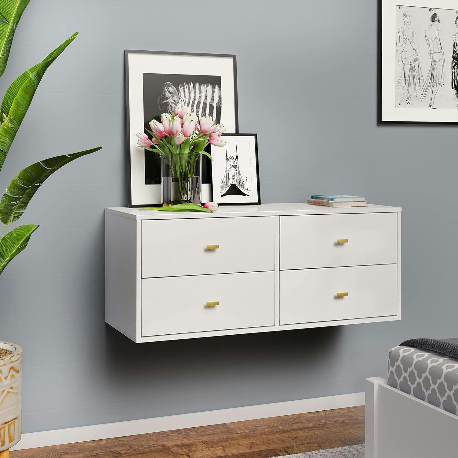 Serenity White Floating Dresser with Brushed Brass Knobs