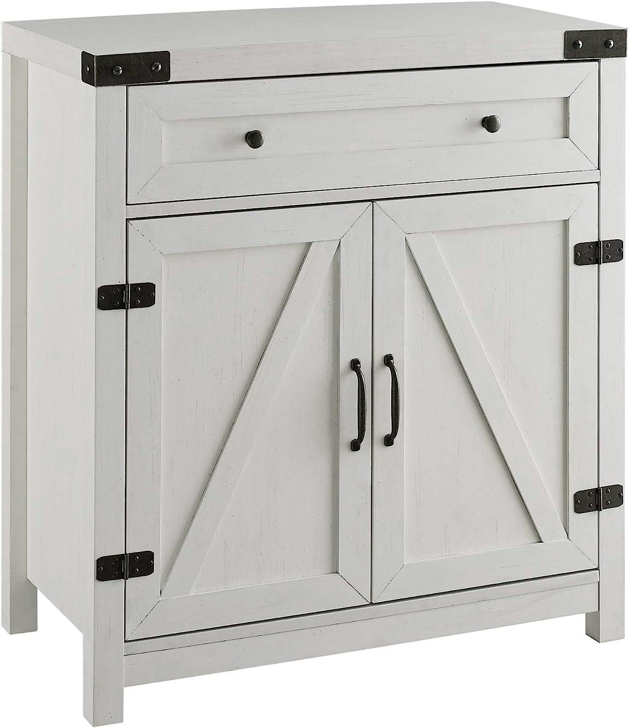 30" Brushed White Farmhouse Barn Door Accent Cabinet with Adjustable Shelves