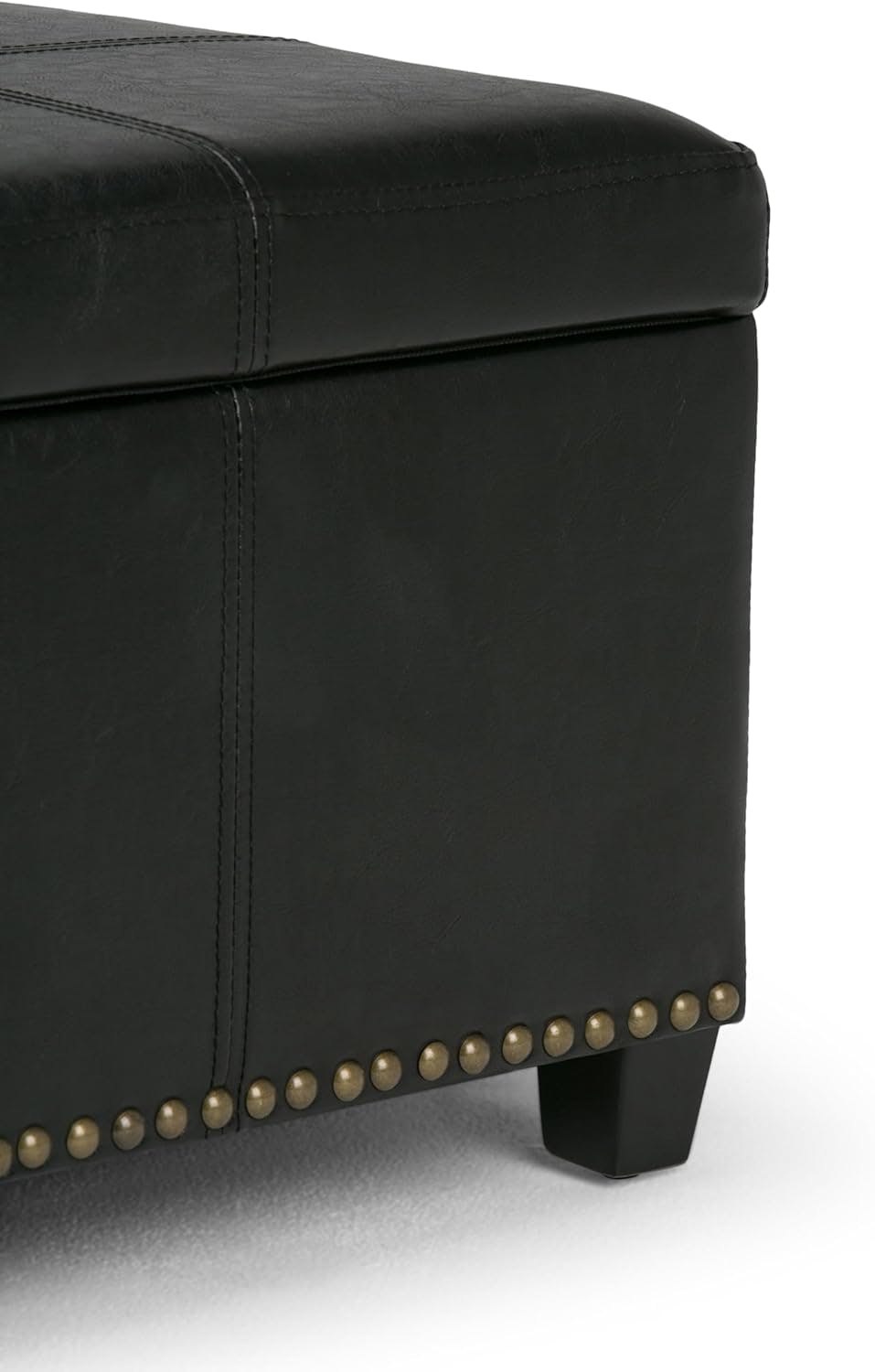Midnight Black Bonded Leather Large Rectangular Storage Ottoman Bench